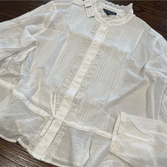 NWT J.Crew Sz M Lace-Trim Cinched-Waist Top White Cotton Voile Long Sleeve CJ461 - Picture 6 of 12